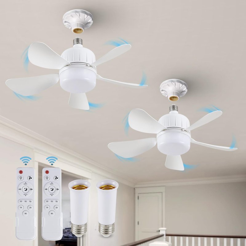 18" Socket Fan Light with Remote, Dimmable LED Ceiling Fans with Lights, Screw in Socekt Fans and Socket Extender, 3 Colors 3000K-6500K, Replacement Light Bulb Fan for Kitchen Garage Bedroom,White-2P