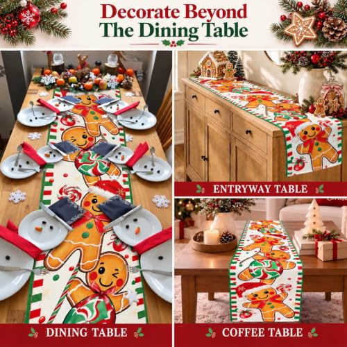 FreeNook Gingerbread 13x90 Inch Table Runner - Faux Linen Christmas Decor, 13" x 90"