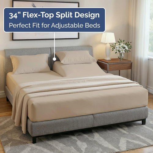 Flex Top Split Head King Sheet Set - Comfy Cooling Bed Sheets | Ultra-Soft Hotel Luxury Bedding - Deep Pockets - Oeko-Tex Certified - Cream