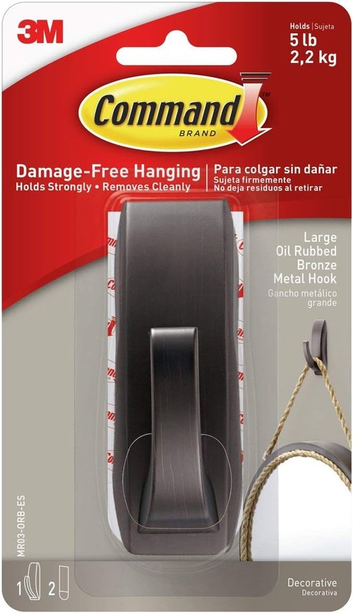 Command Large Metal Hook - Modern Reflections Design, Holds Up to 5 lb, Oil Rubbed Bronze | Damage-Free Hanging Solution for Home Decor