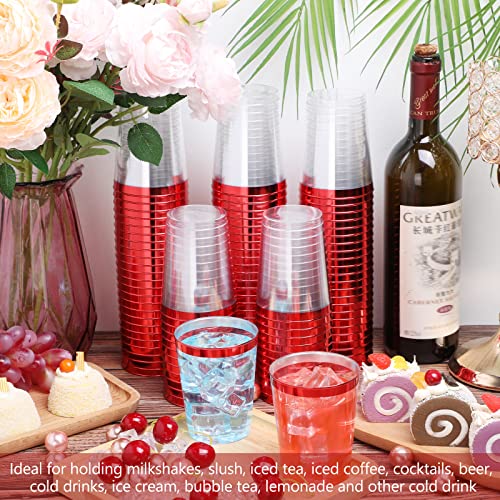Norme 50 Pack 10 oz Clear Plastic Cups with Red Colored Rim, Disposable Drinkware