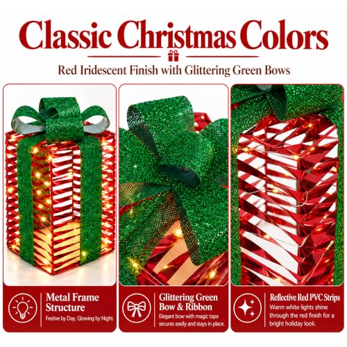 Christmas Lighted Gift Boxes Set of 3 with Warm White LED Lights - Holiday Decor