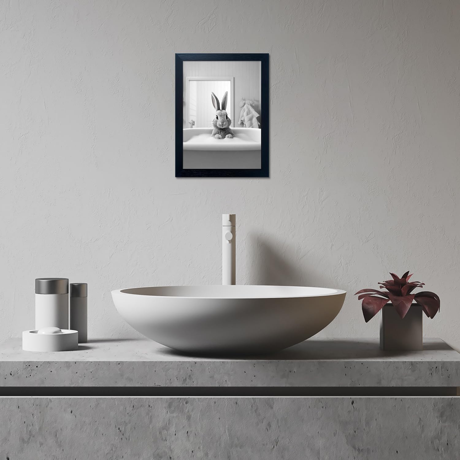 Regine Switzerland Kids Bathroom Decor - Cute Black and White Animal Canvas Wall Art | Funny Rabbit in Bathtub