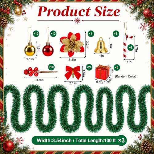 Wehhbtye Green Christmas Garland 300ft with Red & Gold Ornaments, Holiday Decor