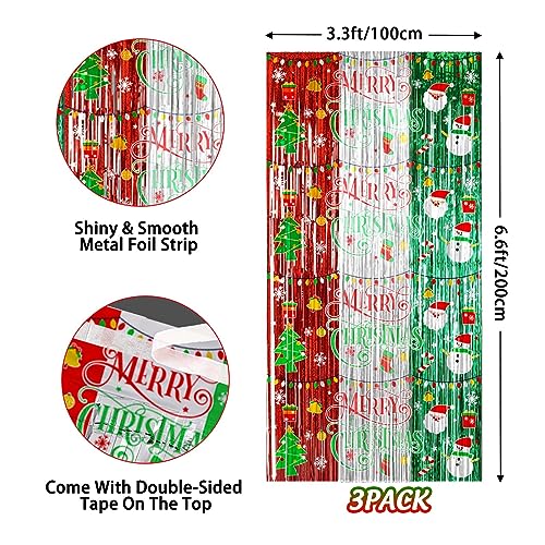 Avezano 3pc Christmas Foil Fringe Curtains 3.3x6.6ft Doorway Backdrop Set