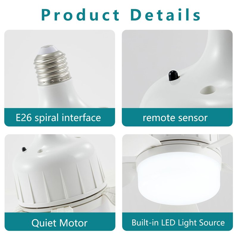 18" Socket Fan Light with Remote, Dimmable LED Ceiling Fans with Lights, Screw in Socekt Fans and Socket Extender, 3 Colors 3000K-6500K, Replacement Light Bulb Fan for Kitchen Garage Bedroom,White-2P