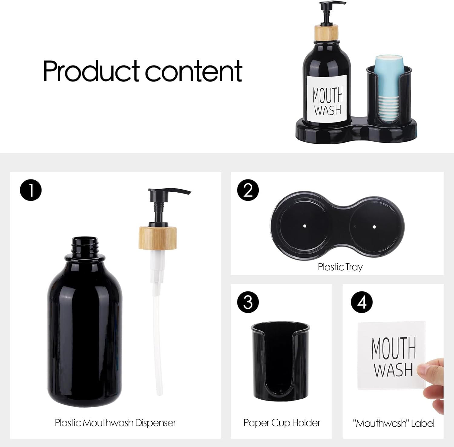 Skiennix Mouthwash Dispenser - 16oz Plastic Container with Cup Holder & Tray - Sleek Black Design