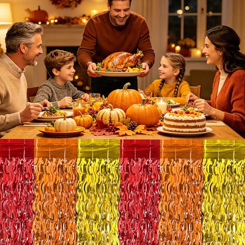 DTOFOOT Fall Style 4 Pack Metallic Table Skirts – Wavy Fringe Thanksgiving Decorations