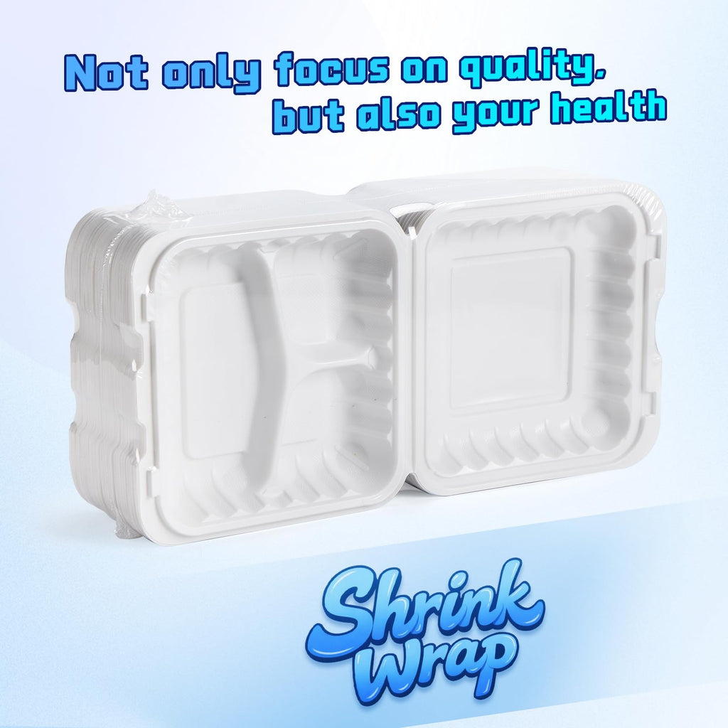 YANGRUI Food Containers 7.8" 30 oz 65 Pack - Shrink Wrap Mineral Filled BPA Free PP Plastic | Heavy Duty Microwave Safe | Individual Portion 3 Compartment | Restaurant White Takeout container