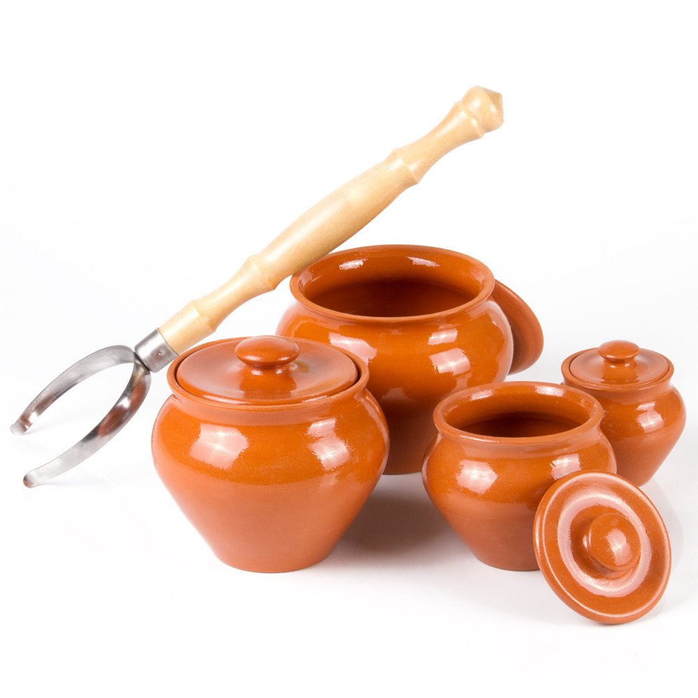 Traditional Natural Clay Stoneware Baking Pots Set of 4 with Lids - Different Capacity, Oven Fork Clay Cookware