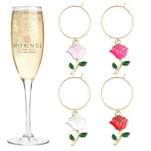 P441 Assorted Hollow Rose Flowers Wine Charms Glass Marker for Party with Velvet Bag- Set of 4