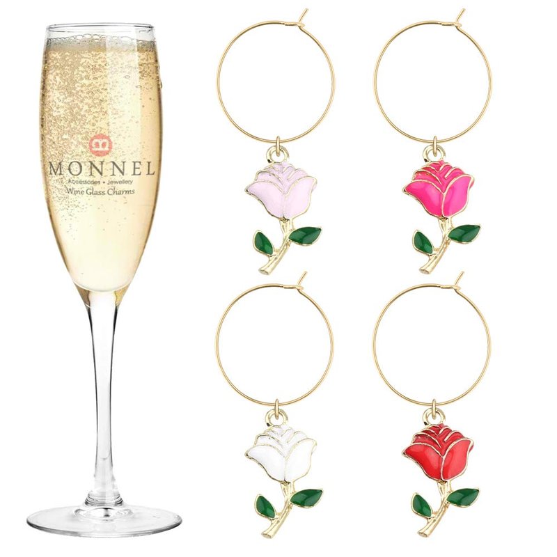 P441 Assorted Hollow Rose Flowers Wine Charms Glass Marker for Party with Velvet Bag- Set of 4