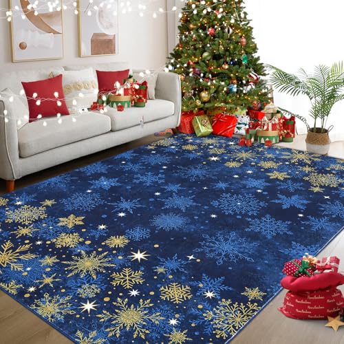 GarveeHome 8x10 Blue Christmas Snowflake Non-Slip Rug – Washable Holiday Home Decor