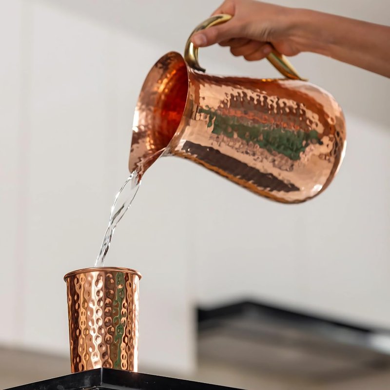 POSHGRAM Copper Pitcher Handcrafted Excellence, Hammered Texture Copper Water Pitcher with Sturdy Handle, Set of 4 Glasses for Everybody, Capacity of jug -1.25 L and Capacity of each glass -250ml