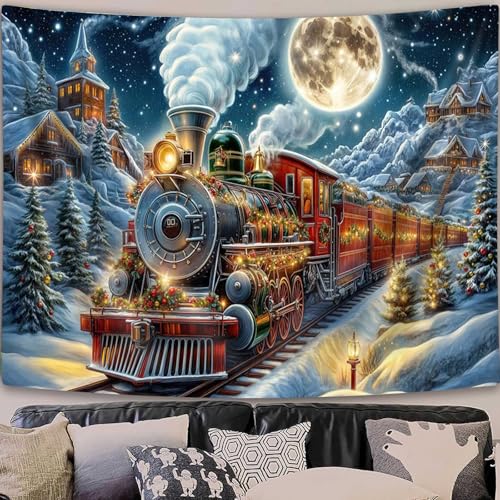 DYNH Christmas Steam Train Tapestry 60x40 Inches Snow Moon Mountain Cabin Railway Wall Hanging for Kids Bedroom & Living Room Decor
