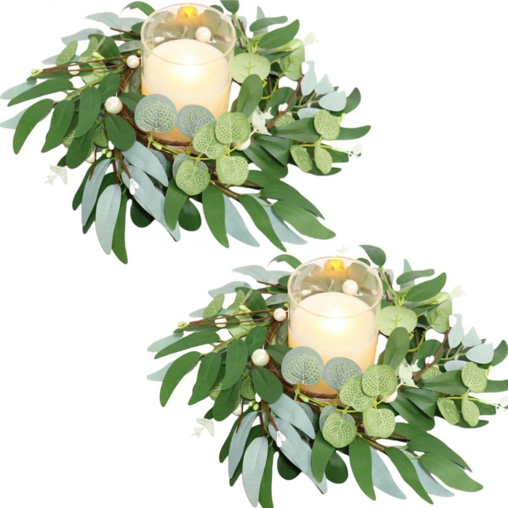 Skiennix 4-Inch Greenery Candle Rings - Artificial Eucalyptus Wreaths with Pearl Berries for Home Decor | 2 Pack