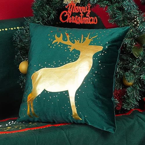 ONWAY Green Christmas Decorations Gold Throw Pillow Covers 18x18 Set of 4 Snowflakes Reindeer Decorative Cushion Cases Xmas Golden Decor for Couch Sofa Bedroom