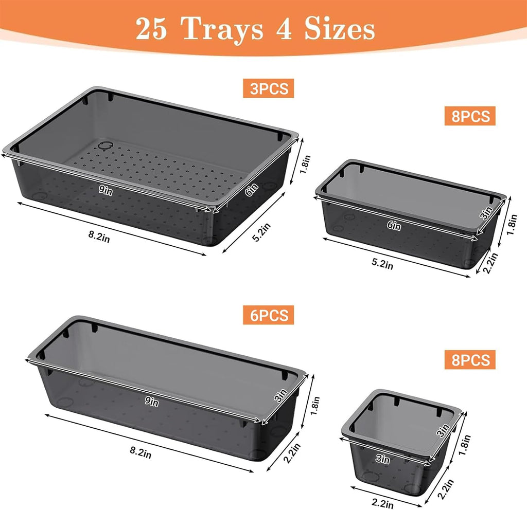 SpaceHacks 25 PCS Plastic Drawer Organizer Set - Versatile Tool Trays & Storage Bins for Makeup, Jewelry, Gadgets | Clear Black