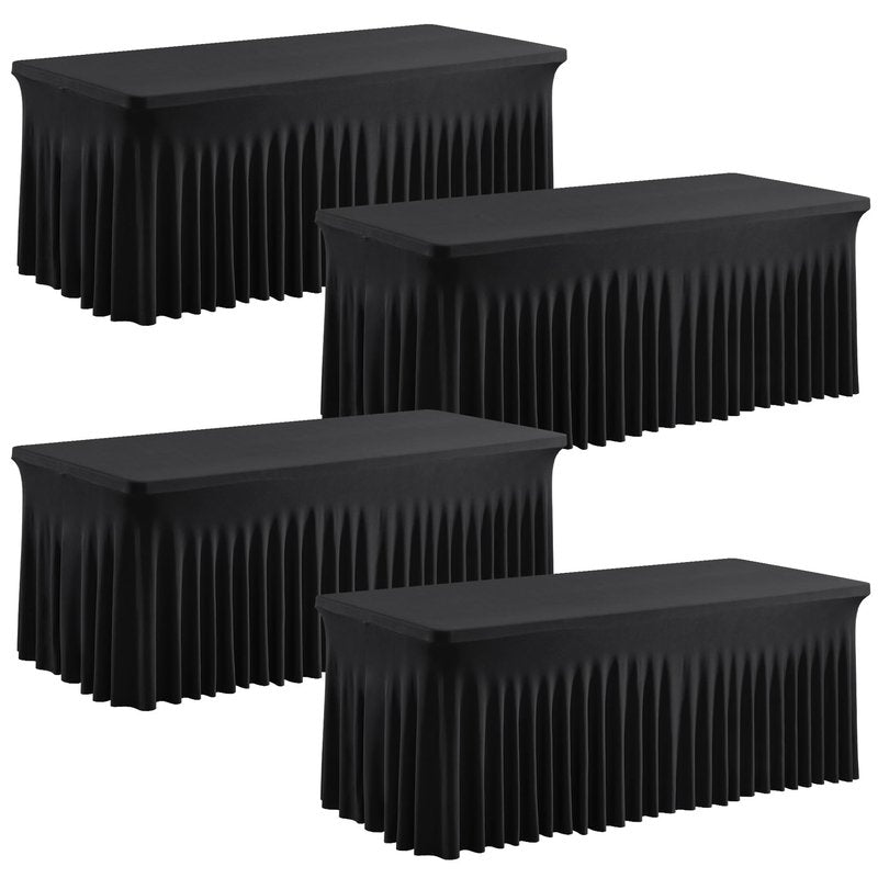 PARTISKY 4 Pack Black Spandex Table Cover with Skirt - 6ft Rectangle One-Piece Stretch Tablecloth for Wedding, Banquet, Birthday Party, Trade Shows & Foldable Tables