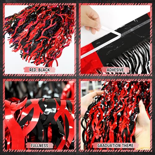 4 Pack Metallic Foil Fringe Table Skirts, Red and Black Graduation Decor