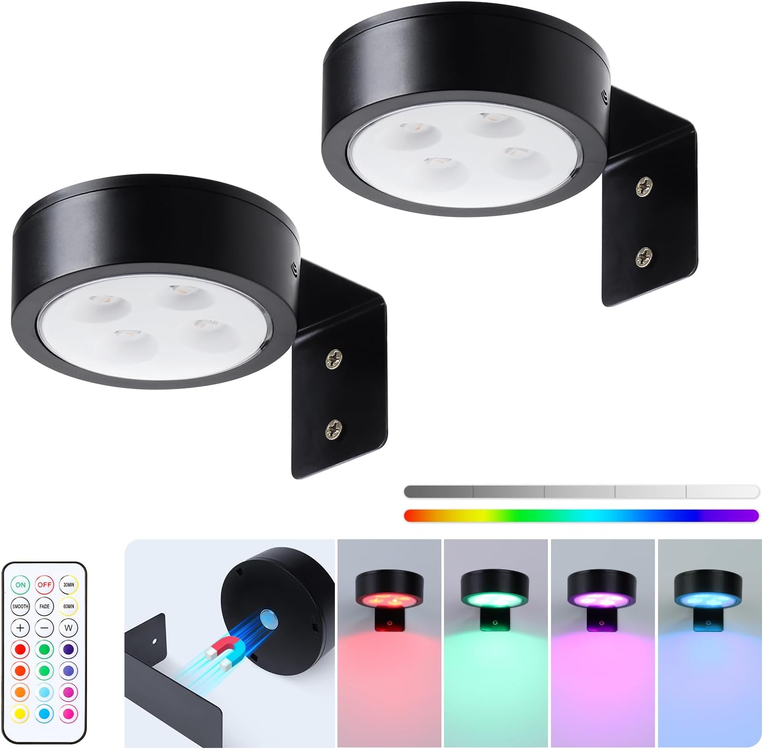 Skiennix 2-Pack Wireless Battery Operated Painting Light - RGB Remote Control Art Display, Dimmable Black