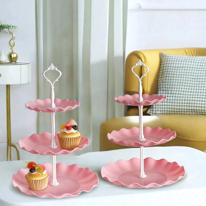RAUVOLFIA 5 Pcs Dessert Stand Set, 2X Small 3 Tiers White Plastic Cupcake Stand Holder & 3X Rectangle Party Serving Trays/Platters for Wedding Birthday Baby Shower Tea Party Buffet (Pink)