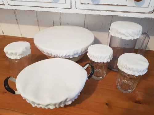 Set of 5 Linen Food Bowl Storage Covers ~ Stretchable Dish Can Lids, Fruit Vegetable Meat Preservation Fresh Keeping Bread Proofing Cover | 100% Natural Cotton and Washable