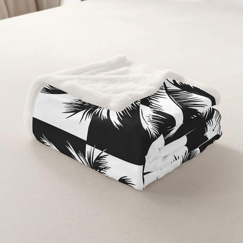 Feelyou Palm Tree Print Sherpa Blanket Tropical Palm Leaf Throw Blanket for Couch Bed Sofa Black White Geometric Square Decor Fleece Blanket Hawaiian Nature Theme Fuzzy Blanket Queen 90"x90"