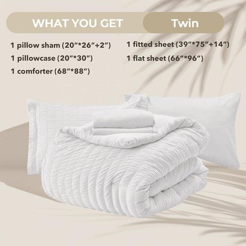 HYMOKEGE Twin Comforter Set - All-Season Luxury 5-Piece Bedding Set in White with Seersucker Design