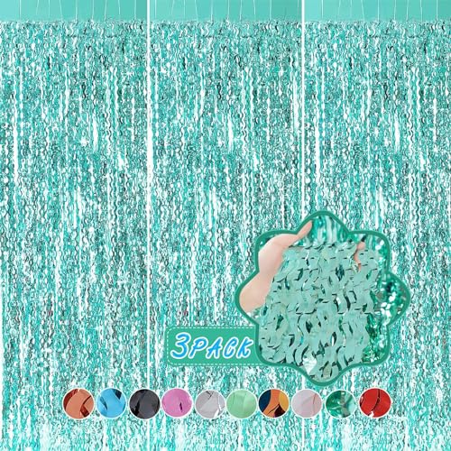 3 Pack Teal Wavy Foil Fringe Curtains 3.3ft x 6.6ft Metallic Backdrop
