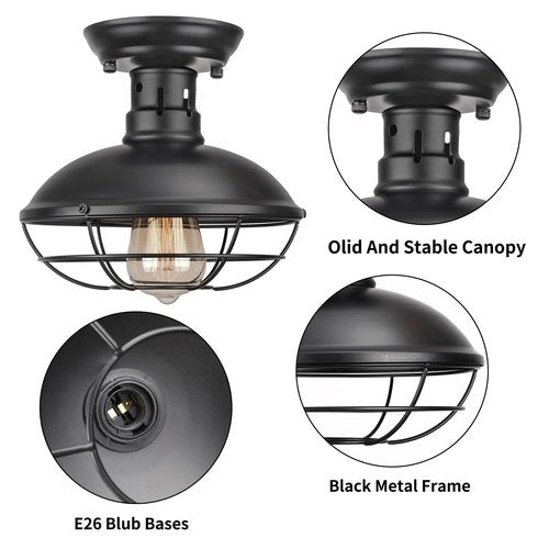 FRIDEKO HOME 3 Pack Flush Mount Ceiling Light Industrial Farmhouse Ceiling Light Fixture Rustic Copper Metal Cage Flush Mount Light Fixture E26 Base for Hallway Foyer Kitchen Porch Black