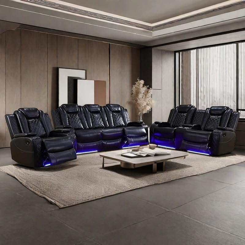 Power Recliner Sofa Set with LED Lights, Wireless Charger & Storage Console