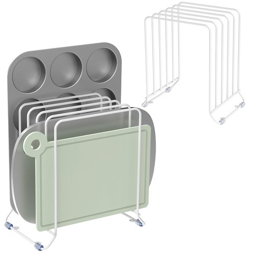 AKAZA 2 Pack-X-Large Kitchen Cabinet Organizer - Storage Tray Organizer Rack for Kitchen Cabinet - Divided Holder with 5 Slots for Skillets, Cutting Board, Baking Sheets- (White)