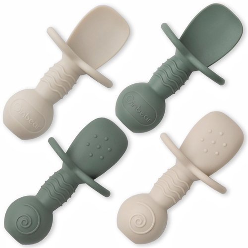 Ginbear Platinum Silicone Baby Spoons - Non-Toxic Self-Feeding Utensils for Infants | 4-Pack in Dark Sage/Ivory