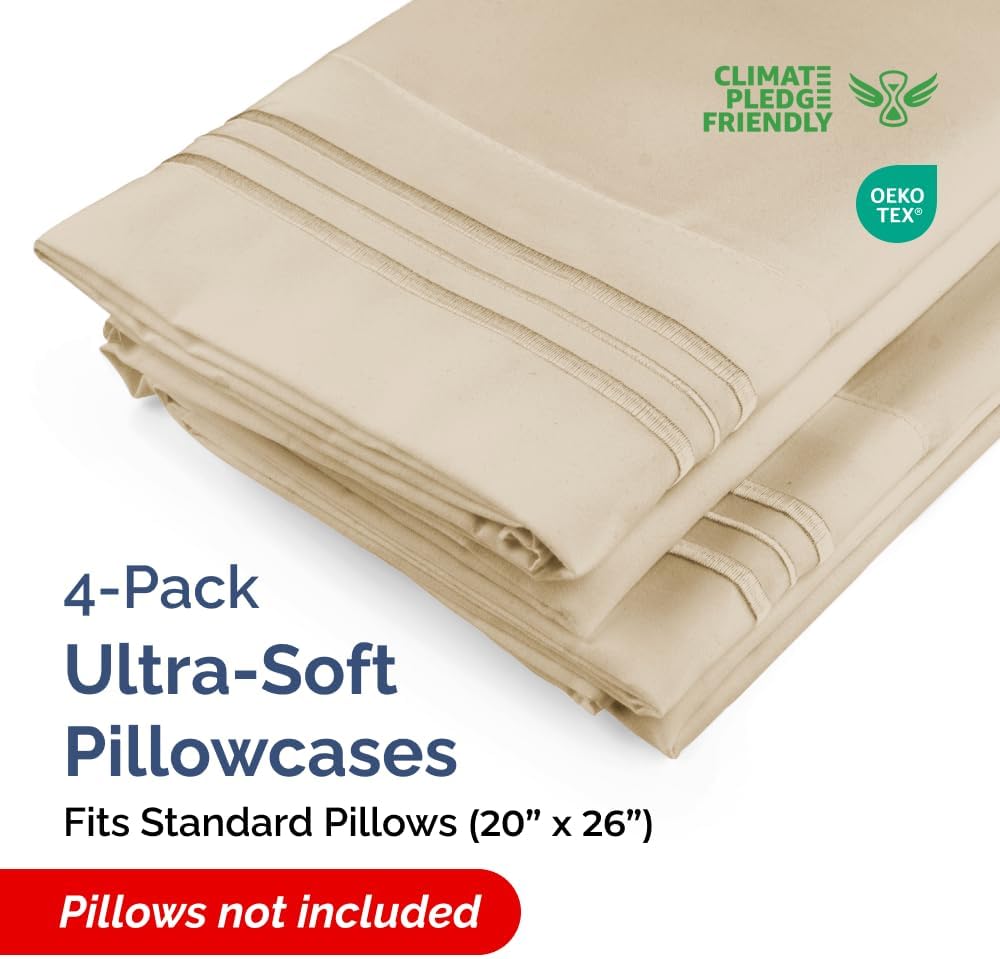 Skiennix Standard Pillow Cases Set of 4 - Ultra Soft Hotel Quality Covers - Machine Washable Wheat Color