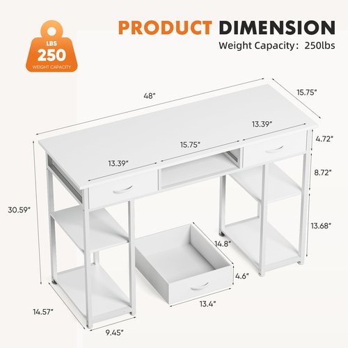 Sweetcrispy Desk with Fabric Drawers, Computer Office 48 Inch Gaming Writing Study 4 Storage Shelves Table for Home Office Bedroom PC Desk, White Wood