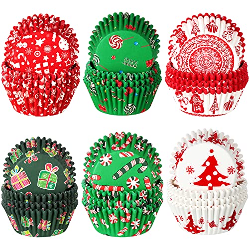 Patelai 600 Pack Christmas Muffin Cup Liners - 8x8cm 6 Styles, Non-Toxic Dinner Liners (Stylish Style)