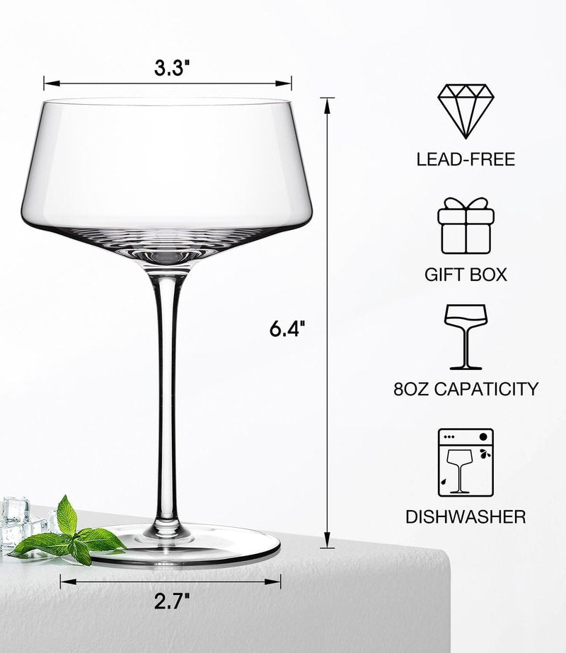 Hlukana Hand Blown Martini Glasses Set of 4, 8 oz Coupe Glass, Premium Crystal Cocktail Glassess, Champagne Glass, Handblown Drinkware Set, Perfect for Bar, Cocktails, Martinis, Margaritas, Parties