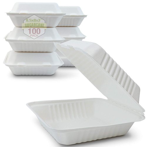Green Earth 8-Inch, 100-Count, 1-Compartment, Compostable Clamshell, Natural Bagasse, Take-Out/to-Go Boxes - Biodegradable Containers