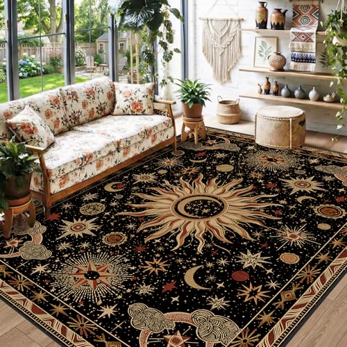 Sun and Moon Boho Area Rug 5x7, Washable Non-Slip Low Pile Gothic Floor Mat