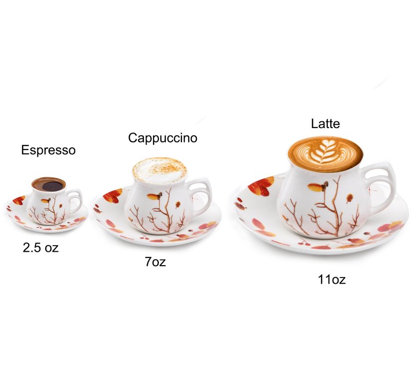 GuangYang 2.5 oz Espresso Cups and Saucers set of 6,Fall Design (Cute Shape for Double Espresso Shots, Ristretto, Macchiato,Café Cubano, and Turkish Coffee)