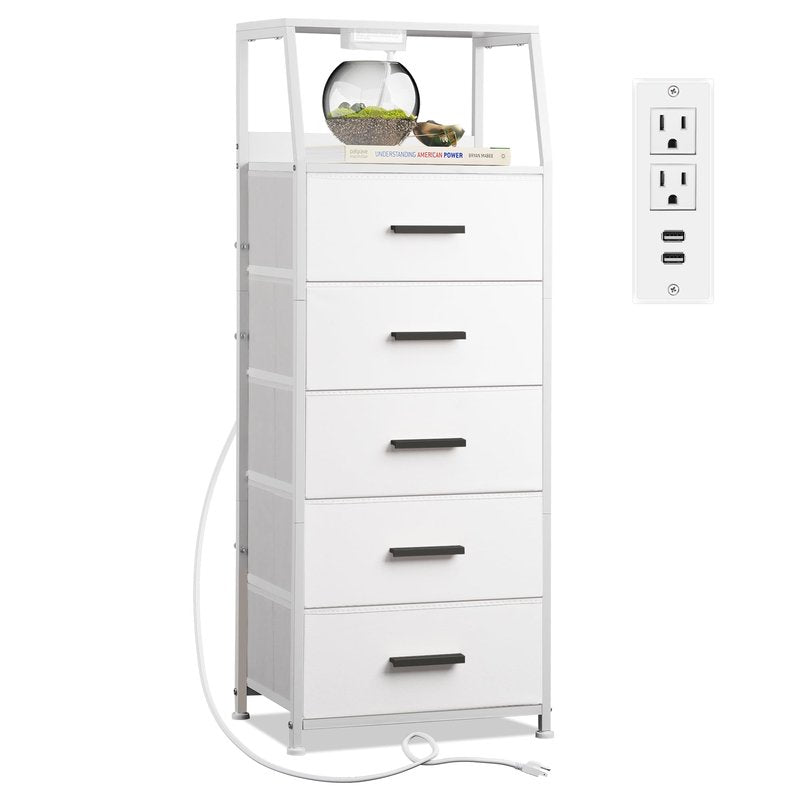NASHZEN Nightstand 5 Drawer Dresser with Charging Station, Side Table with Fabric Drawers, End Table with Open Shelf, Tall Dresser for Bedroom, Hallway, Entryway