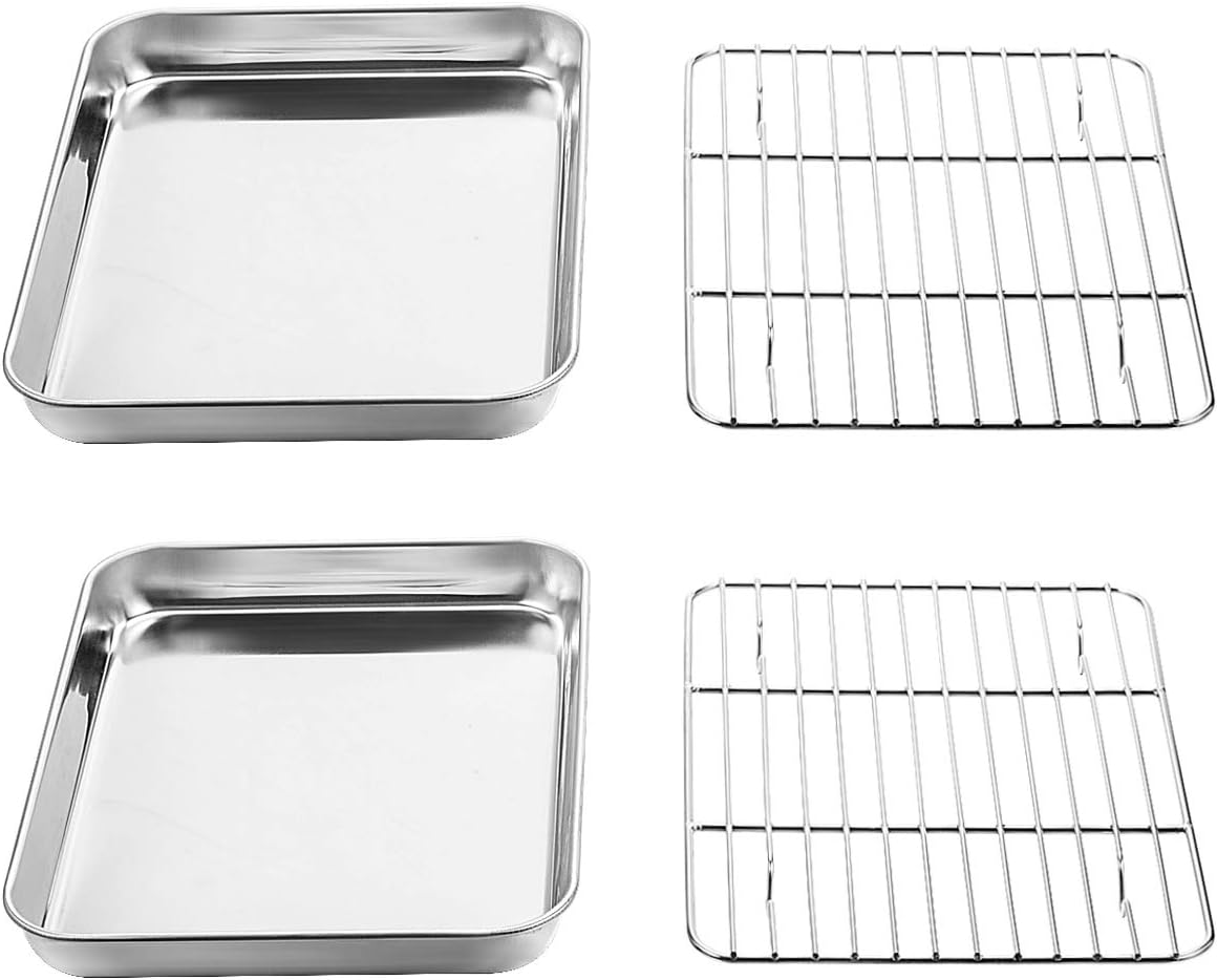Wildone Baking Sheet Set - Stainless Steel Cookie Pans with Cooling Racks | 2 Sheets & 2 Racks, 9 x 7 x 1 Inch, Non-Toxic & Easy to Clean