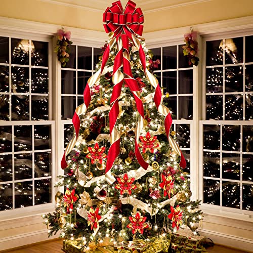 Dingion Large Christmas Tree Topper Velvet Bow Decor, Red Golden