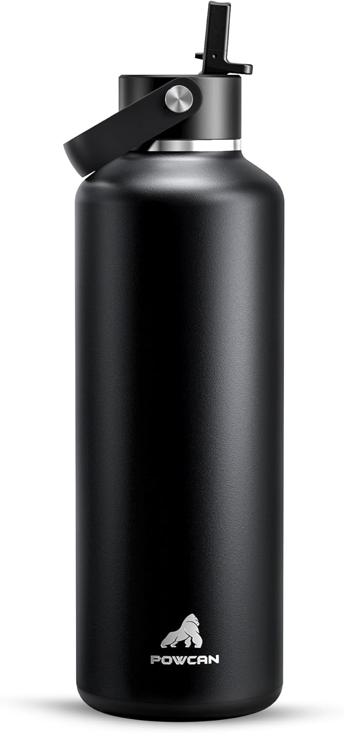 POWCAN 32oz Stainless Steel Slim Water Bottle - Vacuum Insulated, Sweatproof, Lightweight | Midnight Black