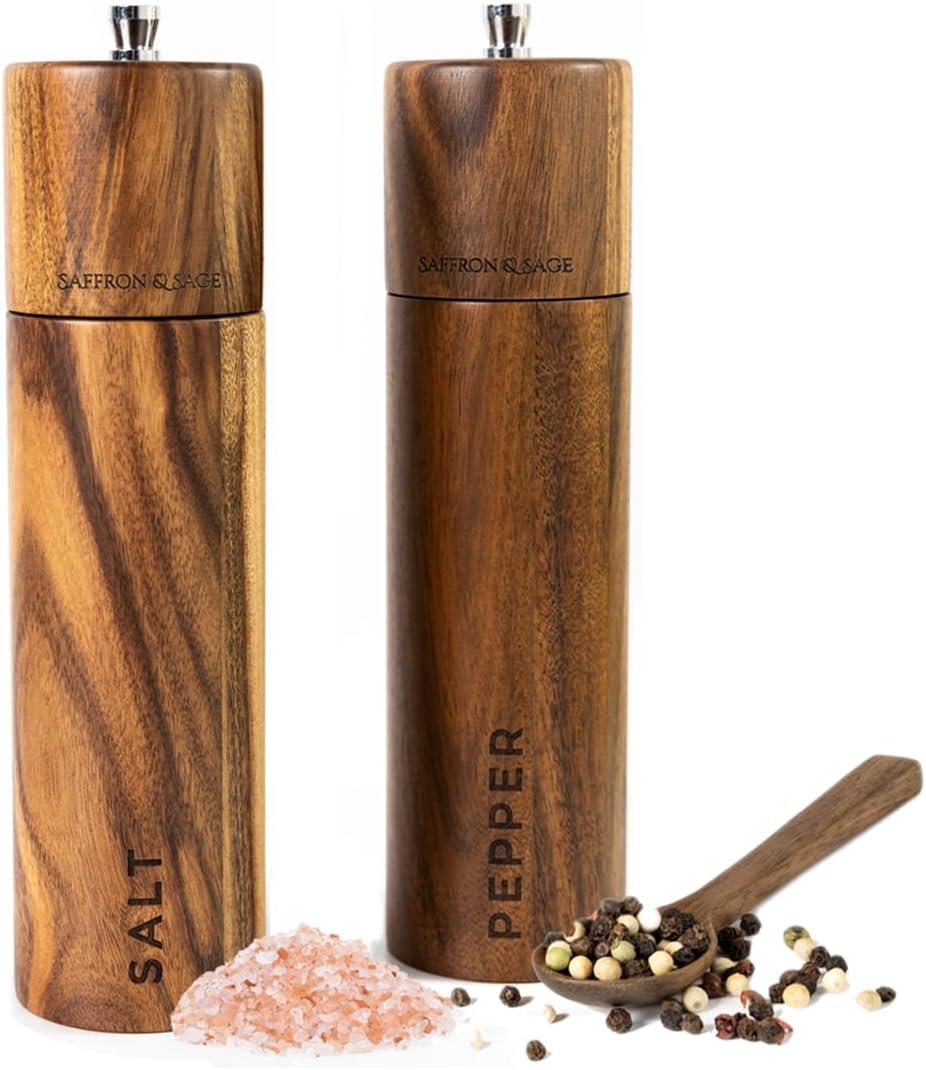 Saffron & Sage Premium Acacia Wood Salt and Pepper Grinder Set | 8” Tall with Adjustable Coarse Settings