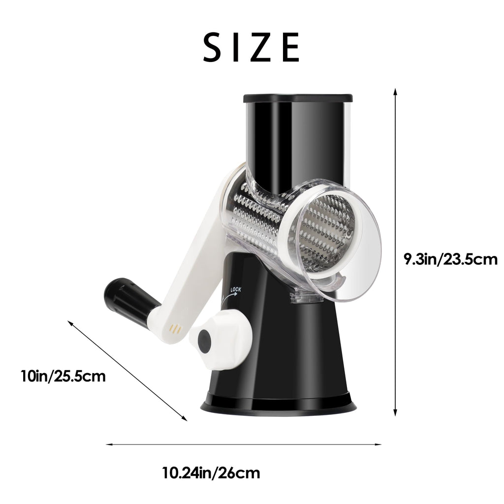Ancevsk Cheese Grater Hand Crank, Rotary Vegetable Shredder with Handle and Strong Suction base, 3 in 1 Kitchen Speed Spin Veggie Slicer Nut Grinder for Pizza Top, Hash brown, Salad and More (Black)