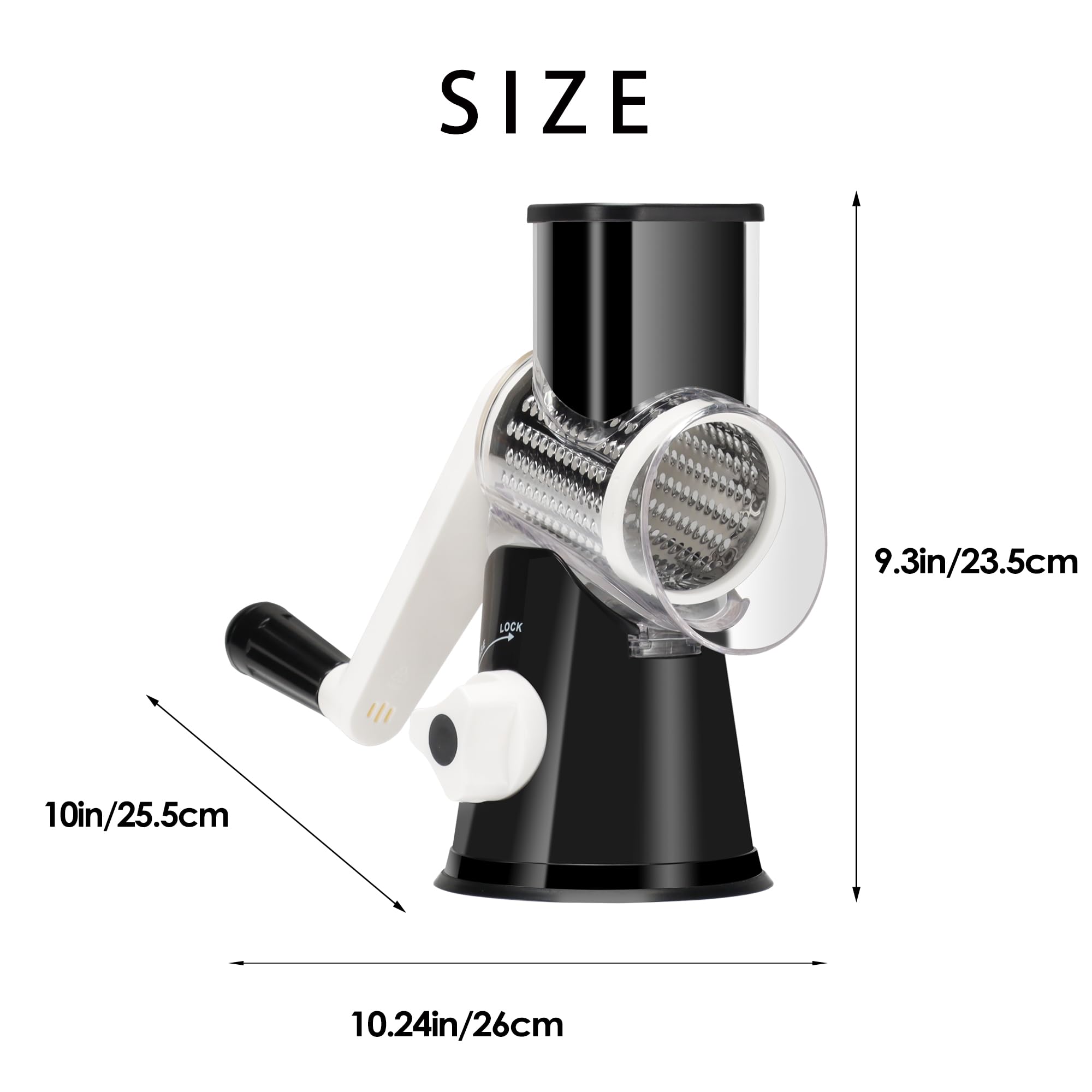 Ancevsk Cheese Grater Hand Crank, Rotary Vegetable Shredder with Handle and Strong Suction base, 3 in 1 Kitchen Speed Spin Veggie Slicer Nut Grinder for Pizza Top, Hash brown, Salad and More (Black)