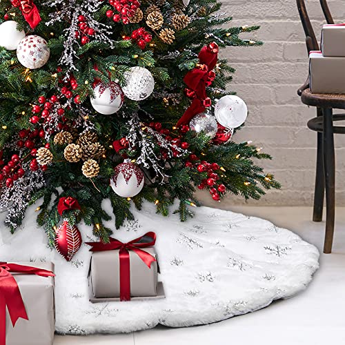24-Inch White Faux Fur Christmas Tree Skirt with Silver Sequin Snowflakes
