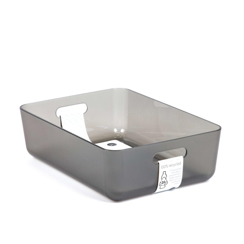 Three by Three Seattle Restak Recycled Storage Medium Short Bin Set of 3 | Eco-Friendly, Durable & Space-Saving Bins for Home or Office, Translucent Gray